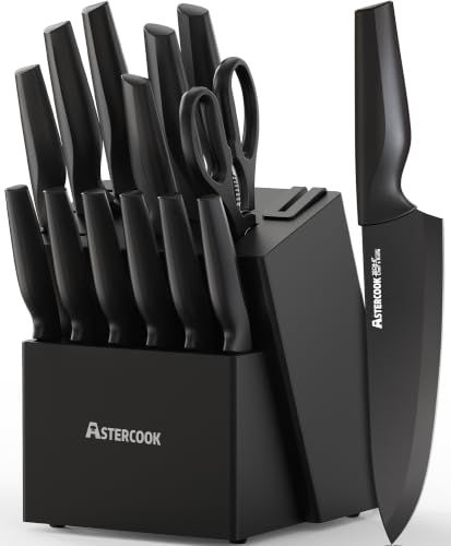 Astercook 15 Pieces Kitchen Knife Block Set with Sharpener, Black | Built-in Sharpener Block, Dishwasher Safe, German Stainless Steel, Ergonomic Handle, Kitchen Weddings Birthdays Gift