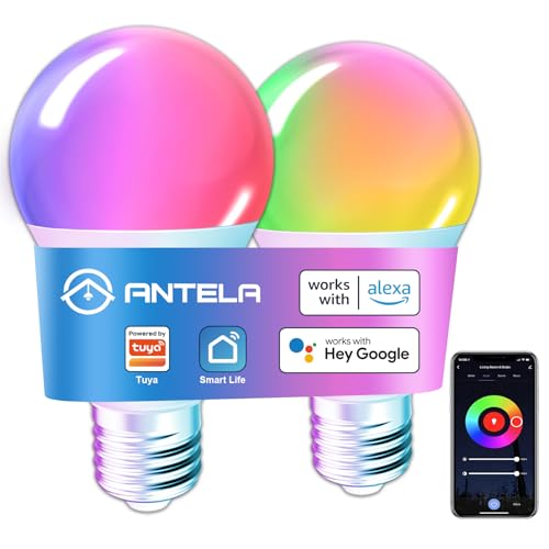 ANTELA E27 Bombilla Inteligente RGBCW LED WiFi, 9W 1000LM Alexa Multicolor Inteligentes Regulables 2700-6500K, Compatible Con Google Home/Alexa,Control Remoto,Control De Voz,2 Unidad.