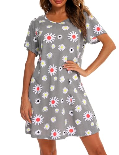 Image of ENJOYNIGHT Womens Cotton Nightgown Short Sleeve Sleepshirt Print Nightshirt | Short-Sleeve Crew Neck, Soft Cotton Fabric, Cartoon Printed Sleep Shirt, Loose Fit