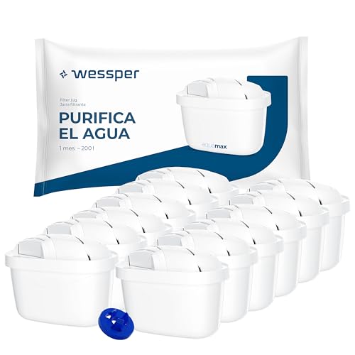 Wessper Cartucho filtro de agua para jarra, filtros con carbón activo y resina ionizante, PIN adicional compatible con brita jarra, recambio para jarras Dafi, Wessper, Philips -12 Piezas