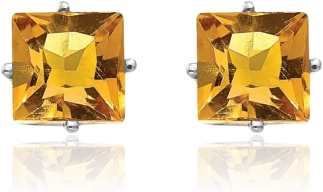 IceCarats 14K Solid White Gold 2 carat Yellow Citrine Medium Stud Earrings 6mm 1/4 inch Square, Natural, Prong Set, Butterfly Back For Her