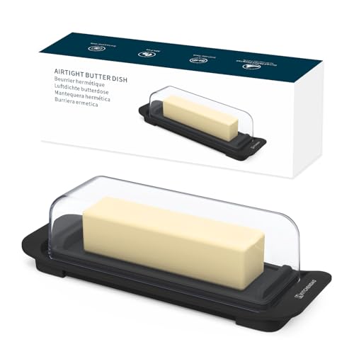 KITCHENDAO Airtight Butter Dish with Lid for Countertop and Refrigerator Door Shelf, Butter Keeper, Plastic Butter Holder Tray Container for West/East Coast Butter, Black