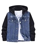 MakeMeChic Boy's Color Block Denim Jacket Hooded Long Sleeve Button Down Coat Outerwear Dark Blue 12Y