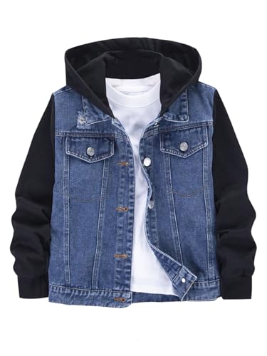 MakeMeChic Boy's Color Block Denim Jacket Hooded Long Sleeve Button Down Coat Outerwear