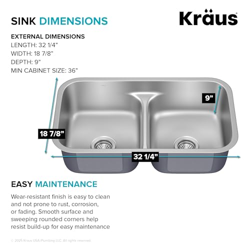 Image of KRAUS Premier 32-inch Undermount 50 /50 Double Bowl Low Divider 18-Gauge Stainless Steel Kitchen Sink with WasteGuard Continuous Feed Garbage Disposal, KBU32-100-75MB