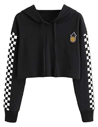 H.Wang Women Pullover Pattern Pinapple Checkerboard Long Sleeve Swatsuit Black M