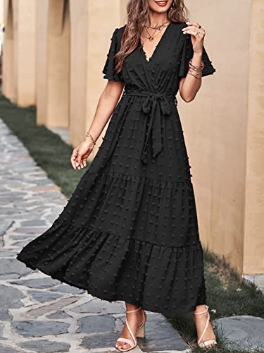 Mascomoda Dresses For Women 2023 Short Flutter Sleeve Tiered Maxi Dress Swiss Dot Solid V Neck Wedding Guest Dress With Belt(Black, X-Large) #TOP1