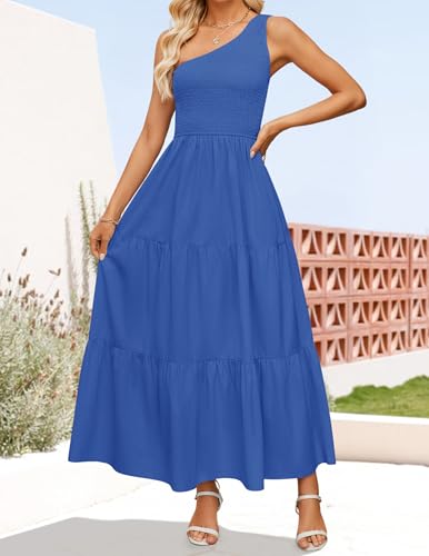 Image of ZESICA Womens Summer Floral One Shoulder Midi Dresses | Sleeveless Long Dress, Ruffle Tiered, Fashion Smocked Dress, Boho, Smocked Bodice, Flowy A Line Dress, Beach Vacation Dress