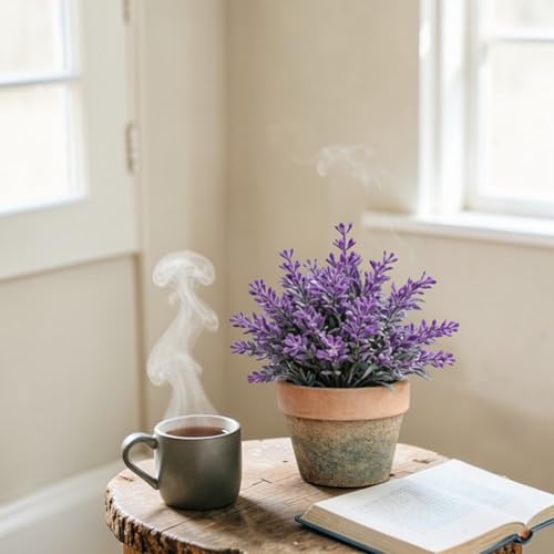 Image of Garden Art Artificial Lavender Plant in Rustic Pot - Realistic Faux Lavender Flowers for Home Decor, Office Desk, Tabletop, Farmhouse & Modern Decoration (P-093Pink)
