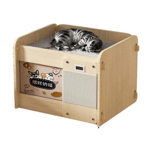 【猫用ハウス】木製フレームでしっかり耐久!多頭飼い対応 冬でも暖かい保温設計 温度表示モニター付き おしゃれな剣麻爪とぎ付き 室内猫の寒さ対策に (大サイズ(9kg未満の猫に適しています))