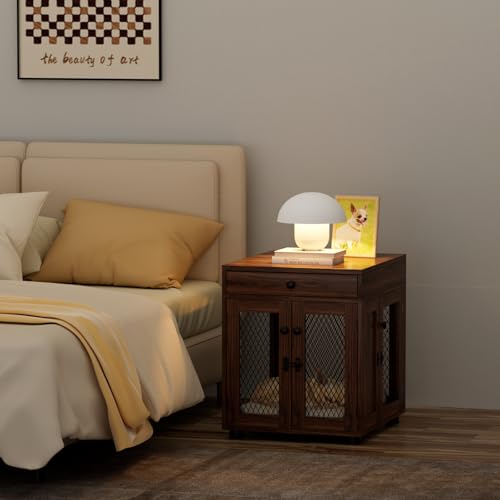 VOWNER Hundekäfig Möbel Indoor, 3 Türen Holz Hundebox mit Schublade, Moderne Hundehütte als Beistelltisch, 51 x 60 x 62 cm für kleine Hunde Zuhause unter 20 kg, Walnussbraun