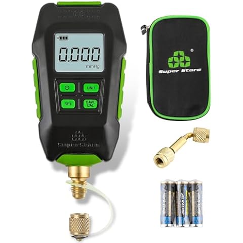 Rogvoc Digital Vacuum Gauge, HVAC Micron Vacuum Gauge Tester with 4 Units 7/16"-20UNF(1/4" SAE), Digital Vacuum Micron Meter Set with Buzzer Alarm, 1/4" SAE Extension Connector Fitting Cover