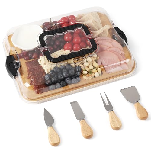 ZhiYo-Life Charcuterie Board Set with Clear Snap-on Lid & Compartments, Portable Bamboo Serving Tray for Travel, Picnics & Entertaining - Ideal for Food Presentation & Housewarming Gifts