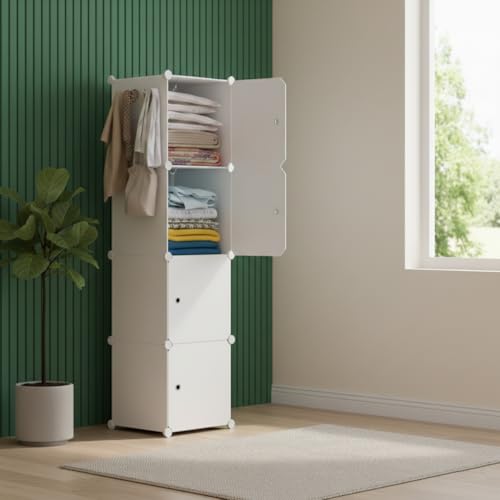 Image of KRISHYAM Kids Modular Storage Cabinet with White Doors, 4 Cube Plastic Wardrobe Organizer, DIY Closet System with Hanging Rod, Toy & Clothes Storage (White, 4 Box)