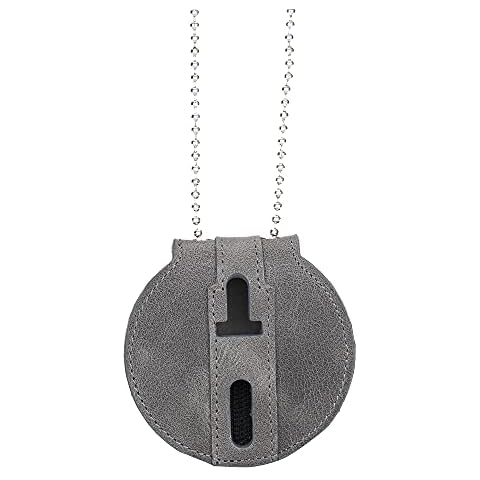 Gray Full Grain Leather Round Law Enforcement Badge Holder with Belt Clip - Optional to Use Around The Neck Cover