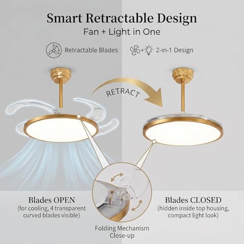 Image of oltao Zyro Slim Retractable Ceiling Fan with BLDC Motor, 3 Colour LED Light, Summer /Winter Mode and Remote, 42 inch Sweep (2026 Model) (Gold)