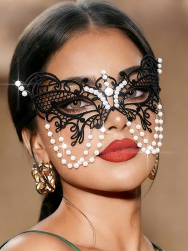 Tgirls Pearl Masquerade Mask for Women Tassel Beaded Lace Mask