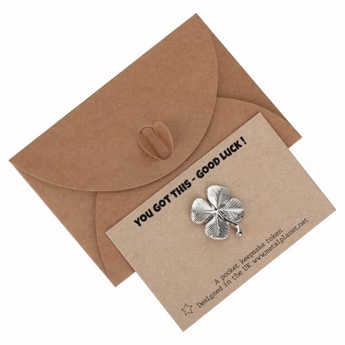 Good Luck shamrock 4 leaf clover metal keepsake token on a kraft gift card with matching envelope - YOU GOT THIS - GOOD LUCK! printed message