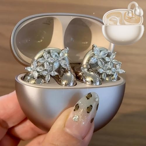 Kpstrd Earphone Wireless Bluetooth Jewelry,with Butterfly Bow,Super Shiny Decoration for Open Ear Clip Earbuds,Ai Translation Wireless Ows Bluetooth5.4 Earphones (Beige,Lucky Grass)