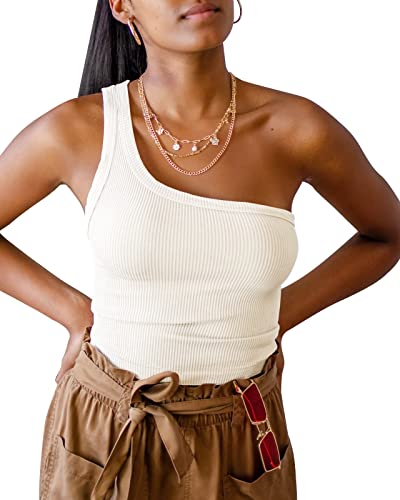 Women Sexy One Shoulder Sleeveless Tank Top Ribbed Knit Baisc Top Solid Slim Strappy Shirt Tees White