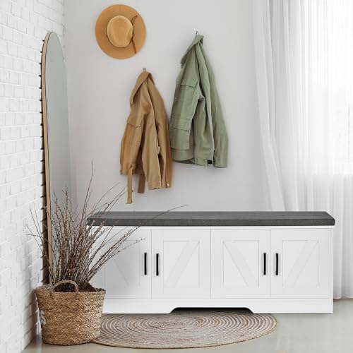 Image of HOMSHO Farmhouse Shoe Storage Bench with 4 Barn Doors & Padded Seat Cushion | 47.2 inch Wide Entryway Bench with Adjustable Shelves & Hidden Storage, White