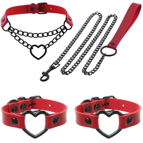 FM FM42 Red PU Simulated Leather Black-tone Heart Ring with Chain Leash Collar Choker Necklace and Bracelet Set