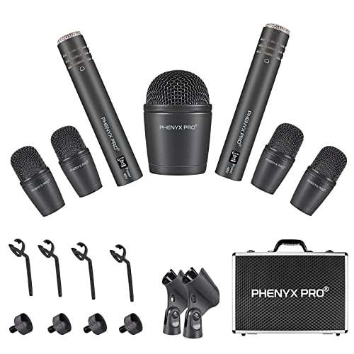 Phenyx Pro Drum Instrument Mic Kit,7-Piece, All Metal Wired Dynamic Cardioid Mic Set for Bass/Tom/Snare/Hi-hat Cymbals, with Carrying Case + Mic Holder + Thread Clip