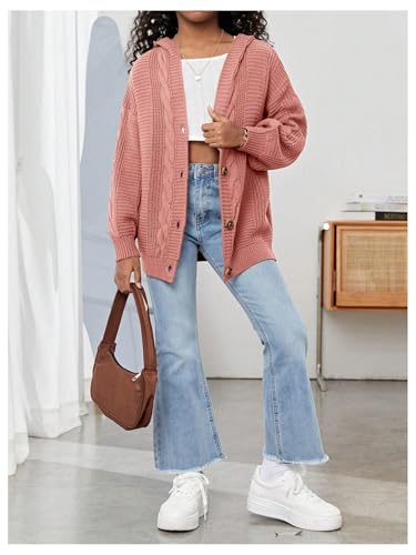 Girl's Hooded Cardigan Sweaters Button Down Long Sleeve Knit Outerwear4