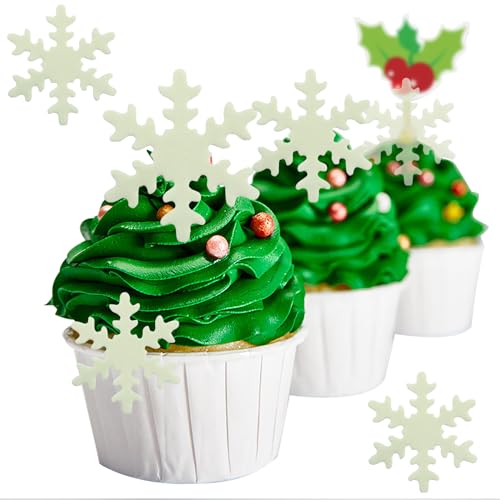YOcity 50PCS Edible Snowflakes Cake Cupcake Toppers White Snowflake Cupcakes Decorting for Christmas Winter Frozen Theme Birthday Party Supplies (White)