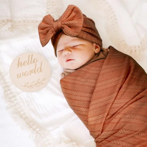 Image of AQOKKA Newborn Receiving Blanket with Bow Hat Mittens Wooden Card Set Wheat-Pattern Newborns Toddler Baby Boy Girl Nursery Swaddle Wrap