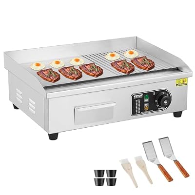 VEVOR Commercial Electric Griddle, 1600W Countertop Half-Flat Top Grill, 22in Stainless Steel Griddle Grill with 2 Shovels and 2 Brushes for Home or Restaurant, 122?-572? Adjustable Temp
