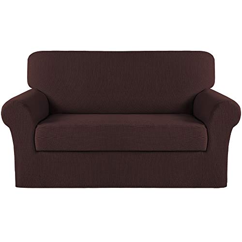 Turquoize Stretch Sofa Slipcover 2 Pieces Sofa Cover Couch Cover For 2 Cushion Couch Washable Furniture Protector Covers With Elastic Bottom Feature Thick Jacquard Fabric (Loveseat, Brown) #TOP2
