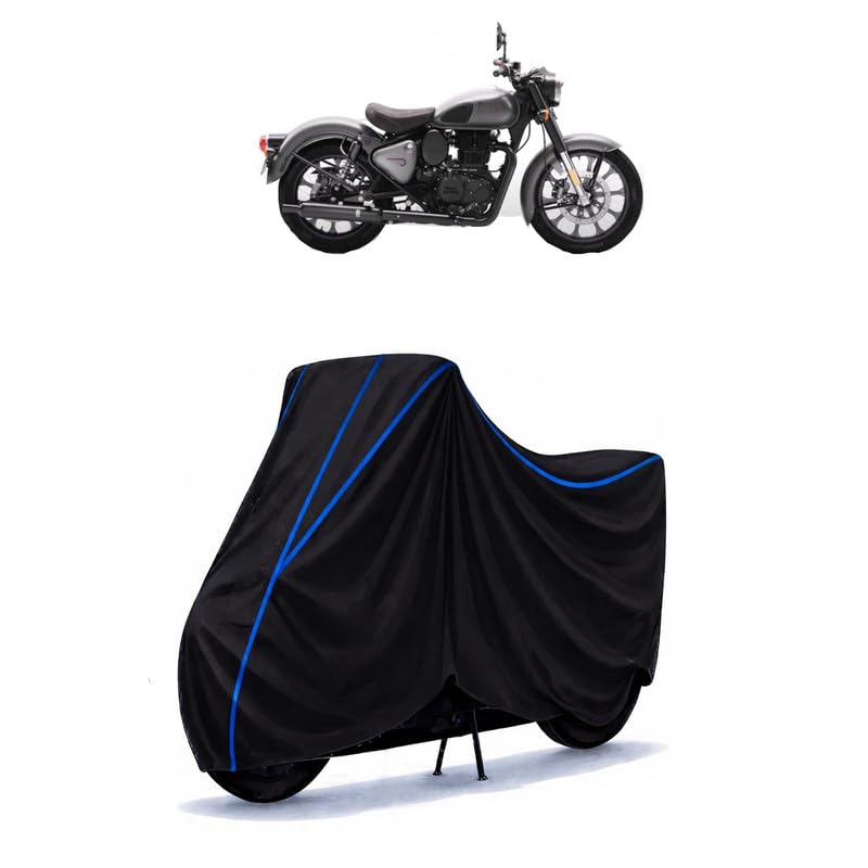 Image of Classic 650 Bobber Bike Cover Water Resistant Universal Motorcycle Rain | Heavy Duty UV Protection, Dust, Scratch Indoor Outdoor All Weather with Black Blue Piping Elastic