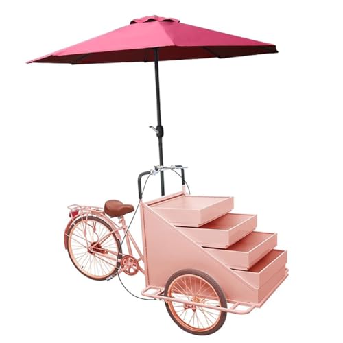 TT-YEC Triciclo Comercial De Flores De Gran Tamaño, Camión De Comida Rápida con Pedales Montados En La Parte Delantera con Sombrilla Y Estante De Exhibición Retráctil De 4 Capas,Rosado