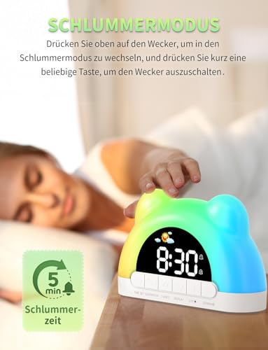 VOSFEEL Kinderwecker,Wecker Kindermit 11 RGB Lichtern,Schlaftrainer Für Kinder Soundmaschine Dual Wecker Schlummerfunktion 12/24H Zeitanzeige Für Jungen und Mädchen