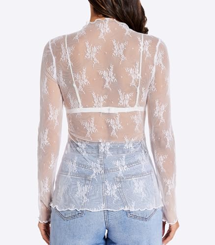 Womens Lace Long Sleeve Mesh Top Mock Neck Sheer Blouse See Through Floral Layering Shirt2