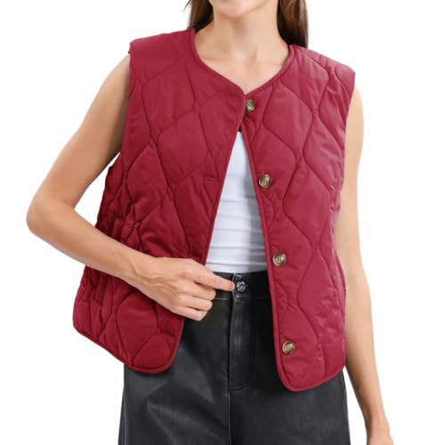 Amazhiyu Women's Lightweight Quilted Puffer Vest Sleeveless Button Padded Gilet Red, Medium