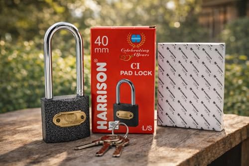 Image of Harrison C I-LS-0323 Cast Iron Body and Mild Steel Long Shackle 3 pin with 3 Key Padlock for Traveling Box, Door, Shutter, Gates, Iron Grills, (Grey, Painted Finish)