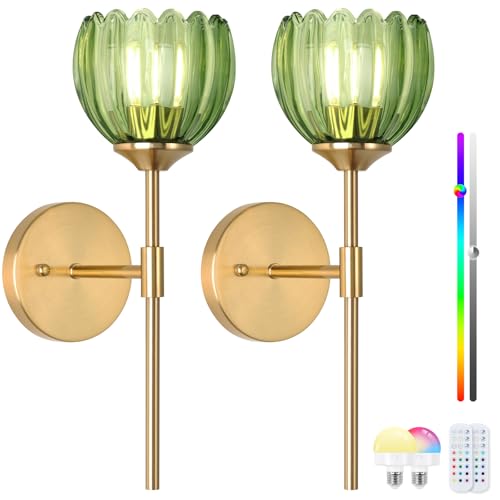 Image of Vintage Battery Operated Wall Sconce Set of Two,Rechargeable Wall Lights with RGB Dimmable Detachable Bulbs and Remote,12 Colors Wireless Wall Lamps for Bedroom Living Room Hallway (Green)