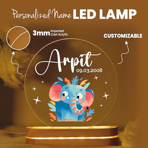 Image of PRINTHUA Plastic Personalized LED Night Table Lamp with Custom Name,Unique Gift for Women,Men,Kids,Girlfriend,Boyfriend,Husband,Wife|Birthdays,& Special Occasions (Cute Elephant),Multicolor