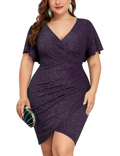 Image of ZOMVA Plus Size 0X-4X Sparkly Glitter Ruched Bodycon Mini Dress Sparkle Sequin Wrap Ruffle Sleeve Dress Cocktail Party Formal