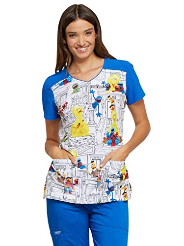 Cherokee Tooniforms Women's V-Neck Sesame Street Print Scrub Top Medium Print