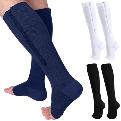 Image of Nuanchu 3 Pairs Open Toe Zipper Compression Socks 20-30mmhg Zipper Compression Toeless Knee High Socks for Men Swelling Edema