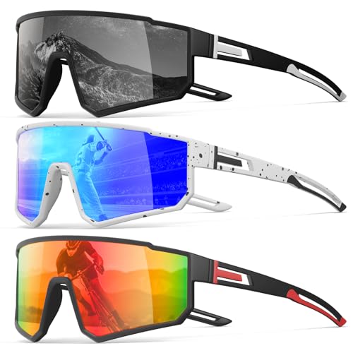 3 Pack Polarized Running Sunglasses for Women Mens Sunglasses UV Protection for Pit Viper Cycling Baseball Fishing (3 Pack-Blue White/Black Gray/Red Black-W03)