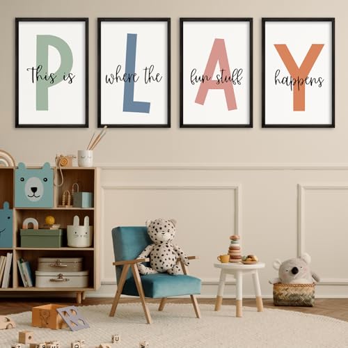 YWJKWLGS Set of 4 Playroom Wall Art, 11x16 Inch Black Solid Wood Framed PLAY Quote Prints, This is Where The Fun Stuff Happens Sign for Nursery Kids Bedroom Daycare Preschool Decor
