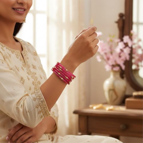 Image of SUNDRAM Women's Premium Fancy Glass Bangles for Women & Girls |with Zircon Gemstone Work & Charm| Traditional Ethnic Bangles Set of 12