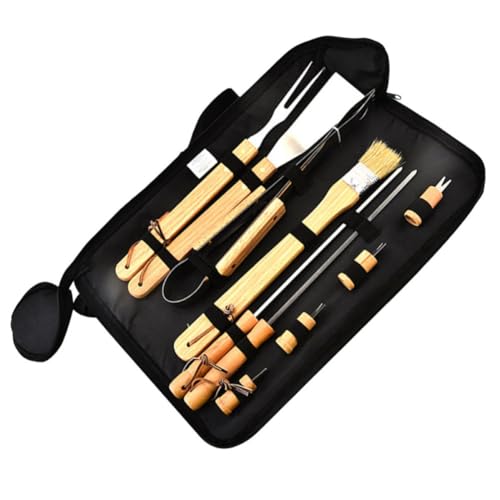 IMIKEYA Juego de Utensilios de Barbacoa para Camping con Diseño Ergonómico y Bolsa de Transporte, Herramientas Portátiles de Madera y Metal para Parrillas al Aire Libre