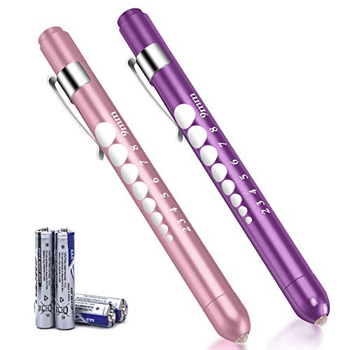 FITA Medical Pen Lights for Nurses Doctors, 2 Pack Reusable Penlight LED Tactical White Light with Pupil Gauge and Ruler, Replaceable Batteries (Purple Pale Pink)