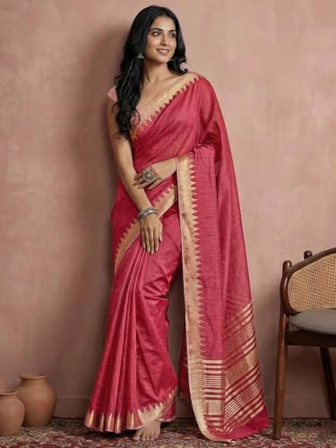 Image of Satrani Women's Cotton Silk Weaving Border Saree with Unstitched Blouse Piece
