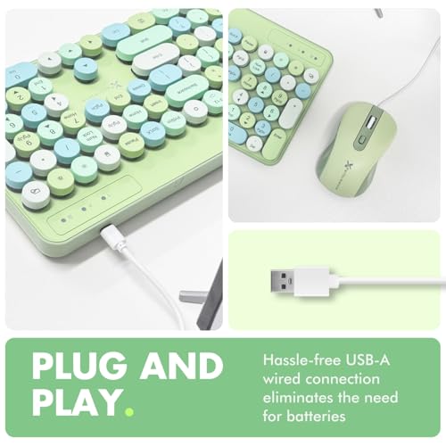 X9 Wired Keyboard and Mouse Combo - Cute Backlit Keyboard with Round Keycaps, 109 Silent Keys Fullsize with Phone/Tablet Dock, Aesthetic and Pastel Colorful Keyboard for Laptop, PC, Chrome - Green